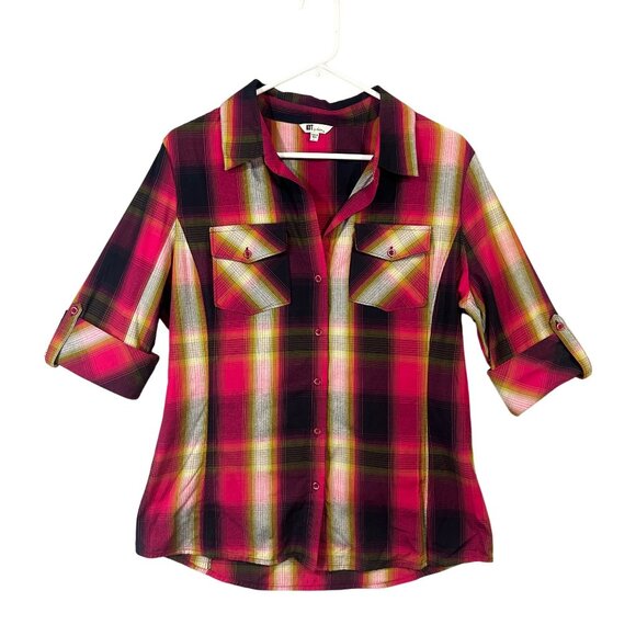 KUT from the Kloth Women's Large Shirt Plaid Button Up Roll Tab Sleeve EUC - Picture 1 of 8